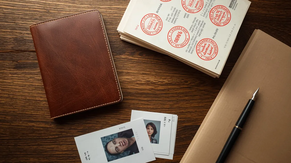 Passport in a leather cover, stamped certificates, passport photos and a pen on a wooden desk