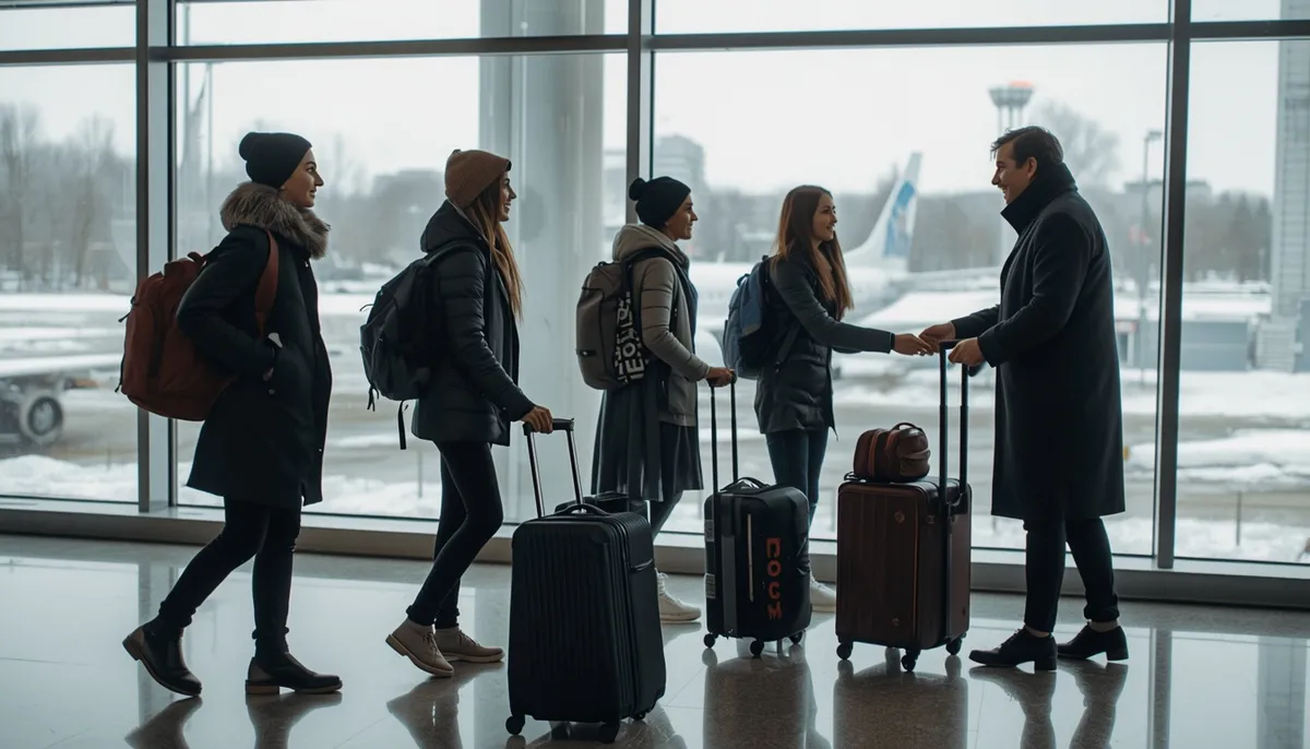 Indian students with suitcases met by a university representative in a Russian airport in winter