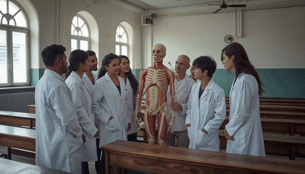 Indian medical students in white coats around an anatomy model with a professor in a Russian university classroom