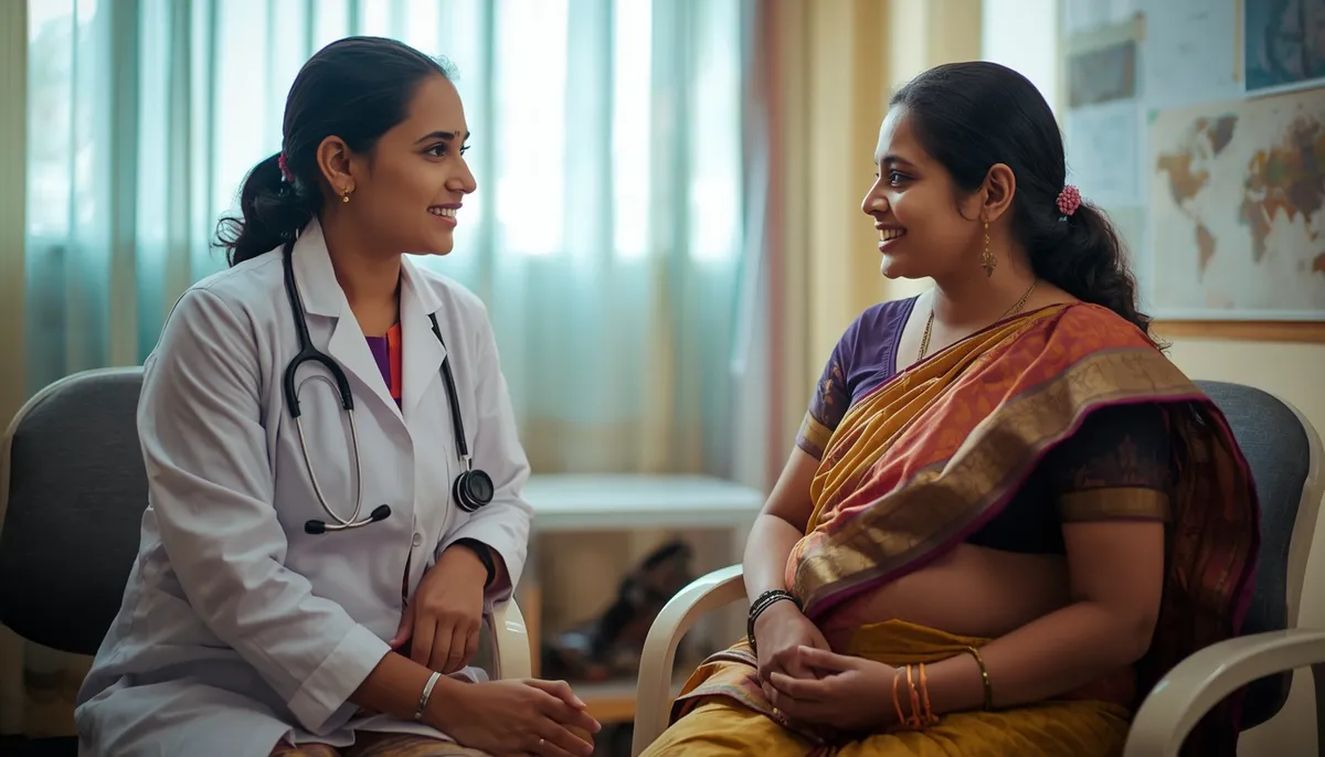 കേരളത്തിലെ ആശുപത്രിയിലെ കൺസൾട്ടേഷൻ മുറിയിൽ വെള്ള കോട്ടണിഞ്ഞ വനിതാ ഡോക്ടർ ഗർഭിണിയായ സ്ത്രീയോടും അമ്മയോടും സംസാരിക്കുന്നു