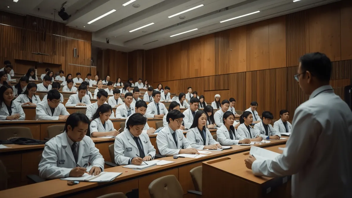 Medical students in white coats taking notes in a tiered lecture hall