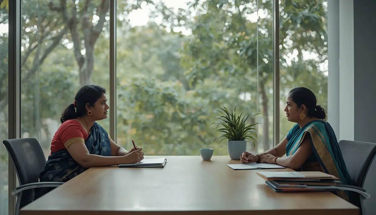 Education counsellor talking with a Kerala mother and daughter across an office desk