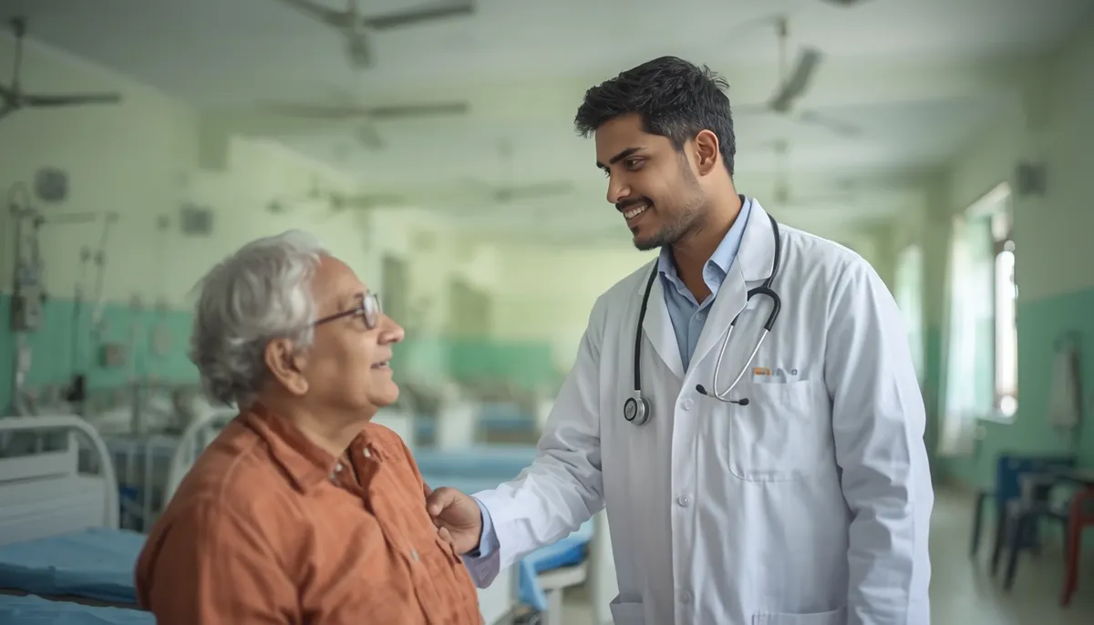 Young Indian doctor in a white coat talking with an elderly patient in a Kerala hospital ward