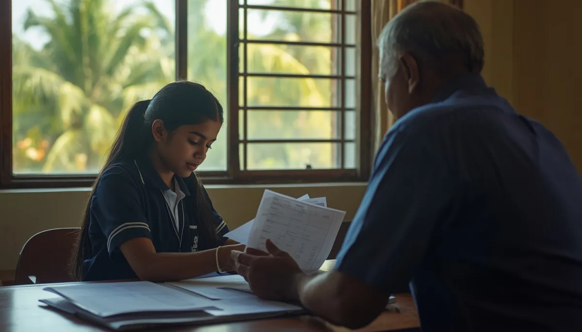 Kerala schoolgirl and her father sorting school certificates into a folder at home