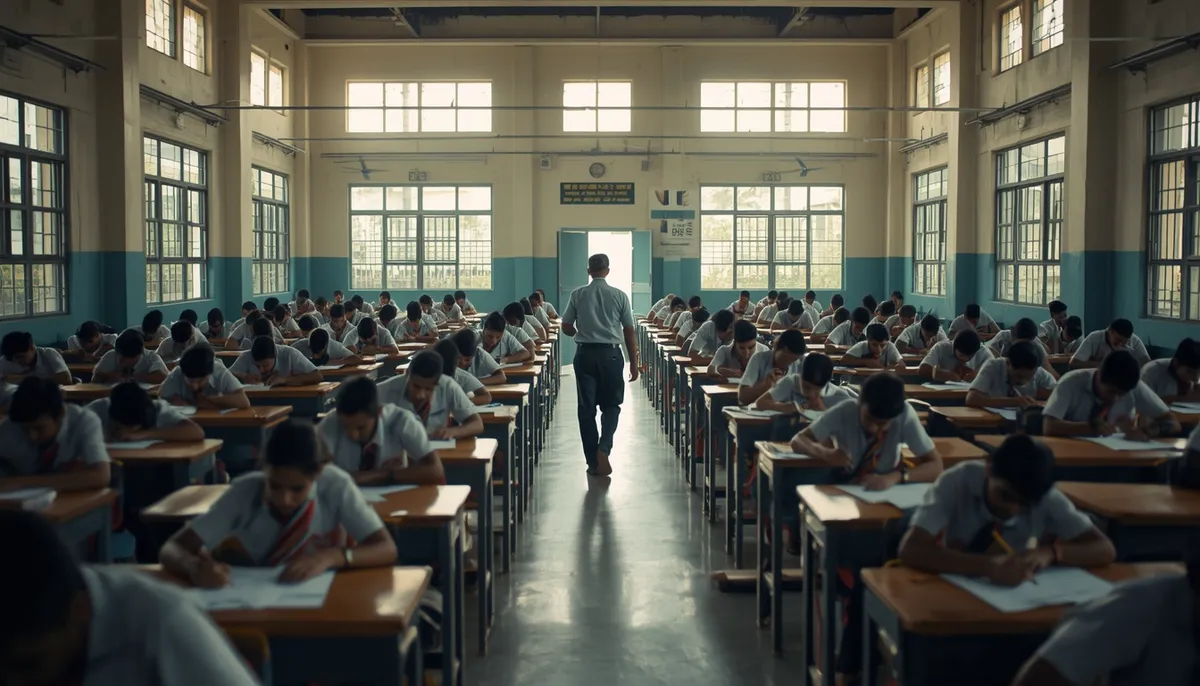 Students writing an entrance exam in a large hall with rows of desks and an invigilator