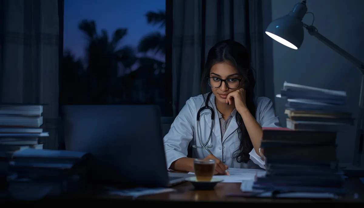Indian medical graduate studying at a desk at night with textbooks and a lamp