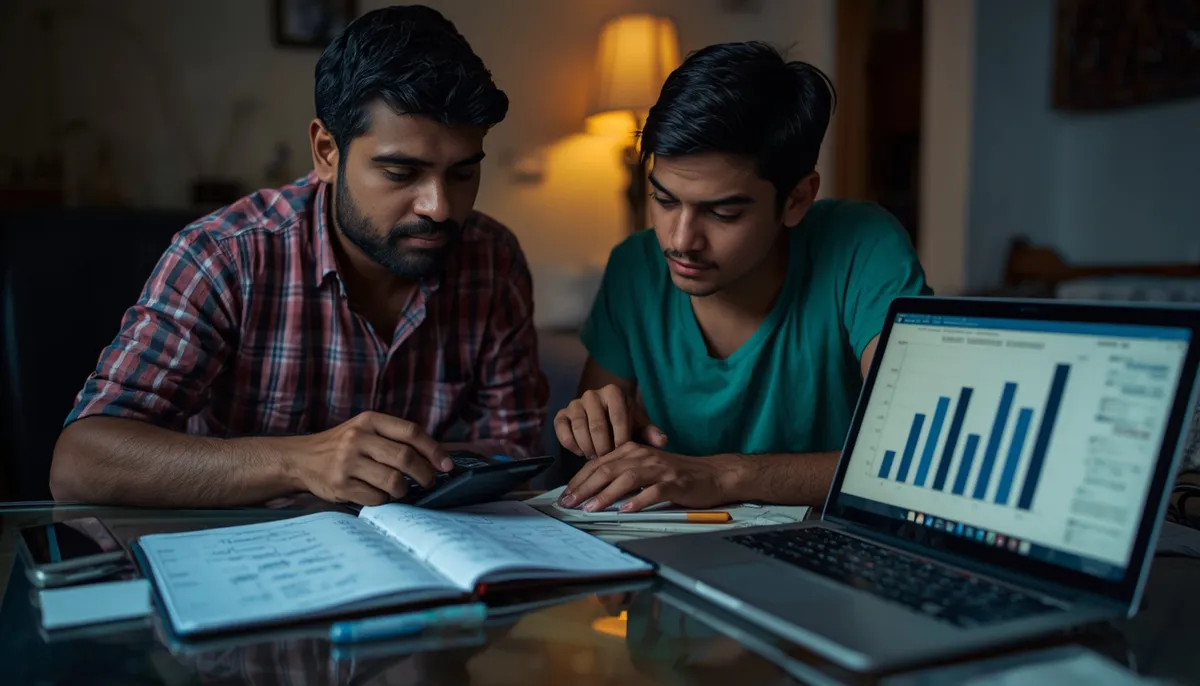 Kerala father and son working out a study budget with a calculator, notebook and laptop