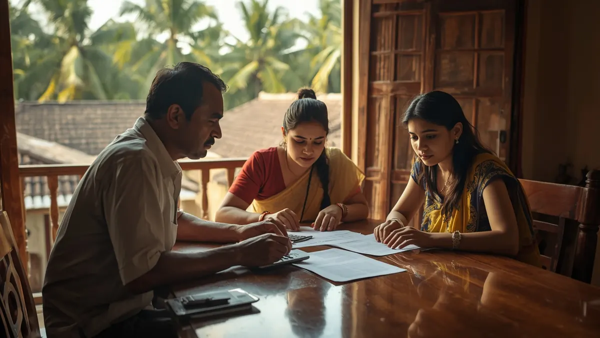 Kerala family at a dining table reviewing fee papers with a calculator