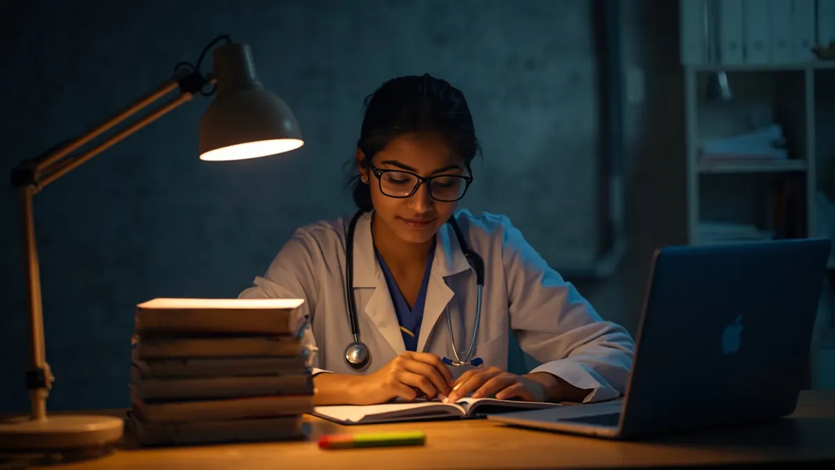 Young Indian medical graduate studying with textbooks and a laptop under a desk lamp