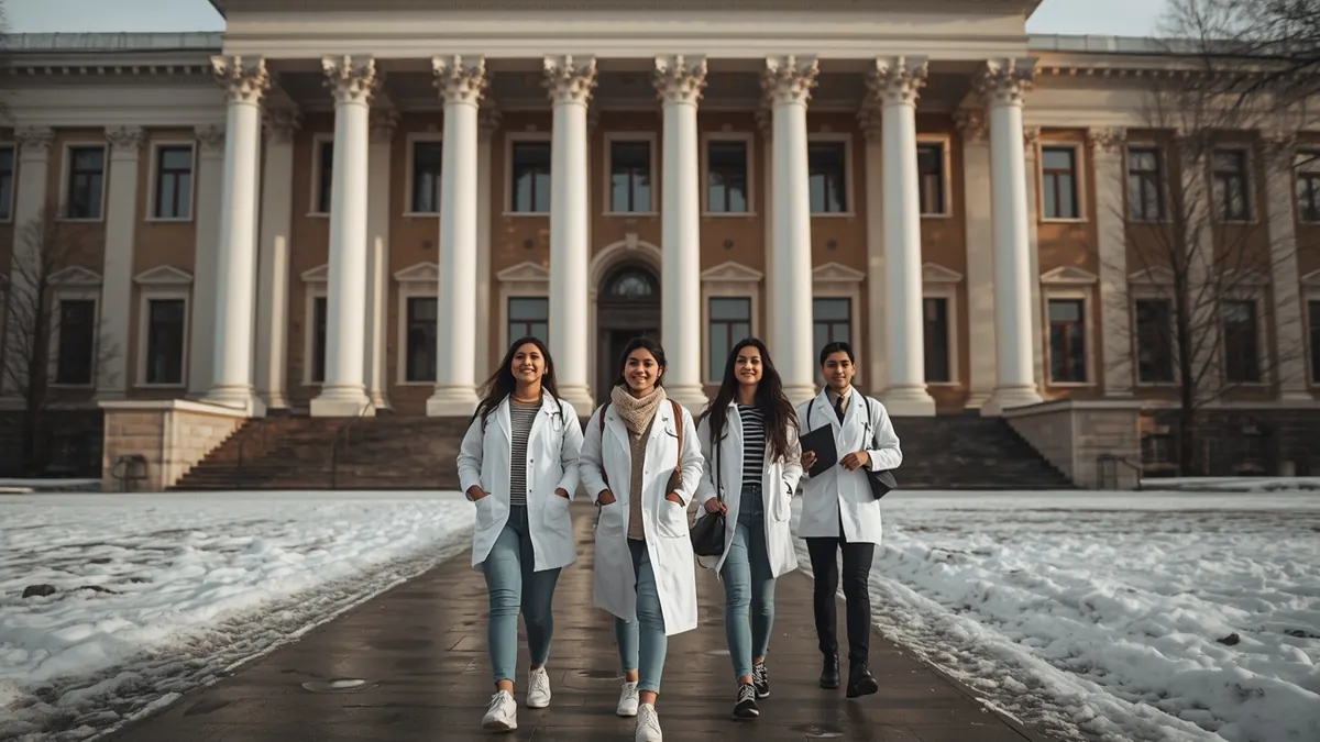 Indian medical students in white coats walking past a classical university building in winter