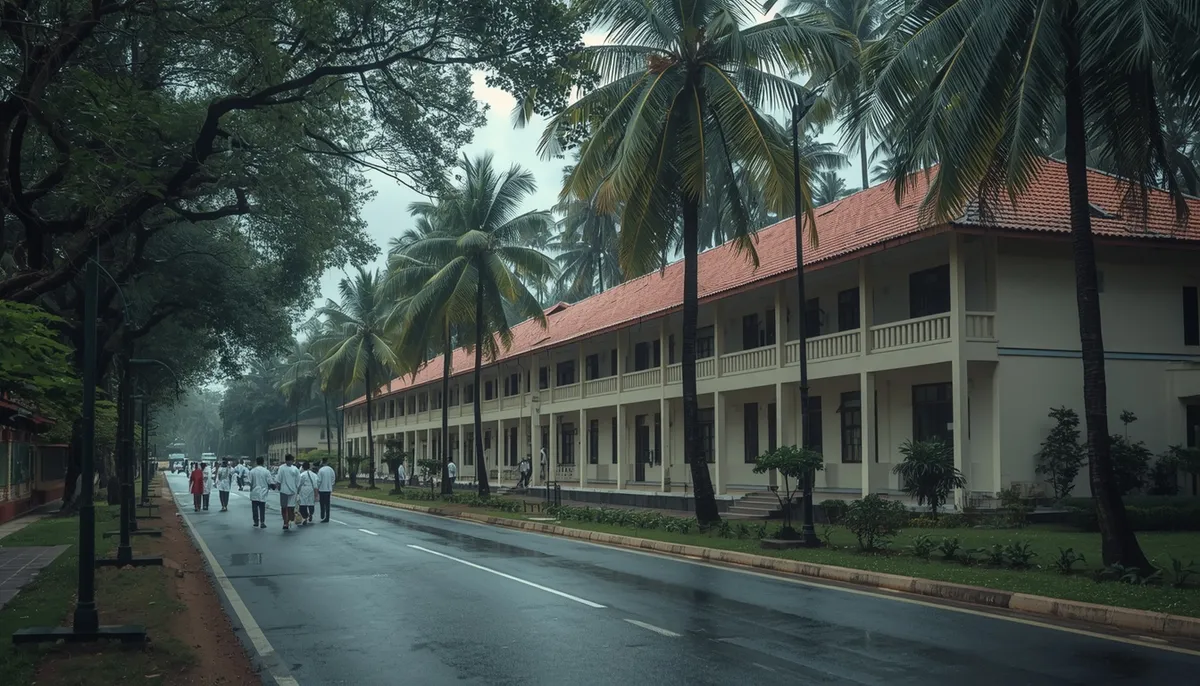 Medical students in white coats on a palm-lined road beside a long tiled-roof college building in Kerala