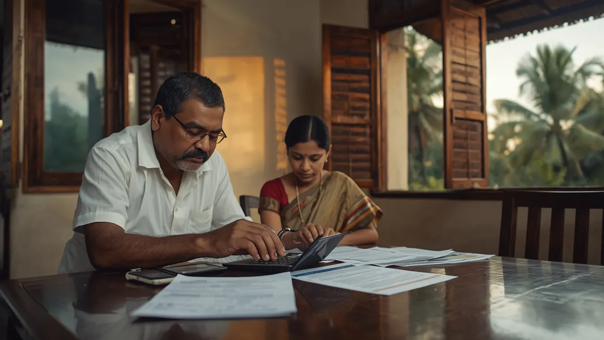 Kerala parents at a dining table at home comparing medical college fee papers with a laptop