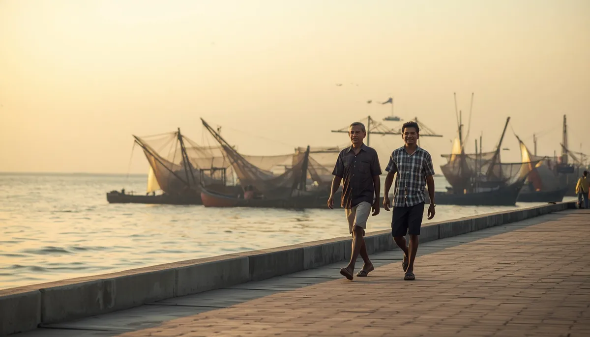 Father and son walking on the Fort Kochi waterfront with Chinese fishing nets behind