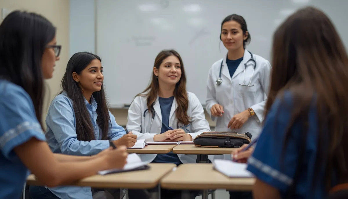 Medical students in white coats and scrubs in a small classroom group with a teacher standing at a whiteboard