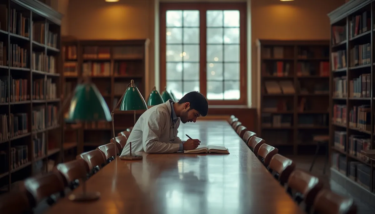 Indian medical student reading at a long table in an old university library