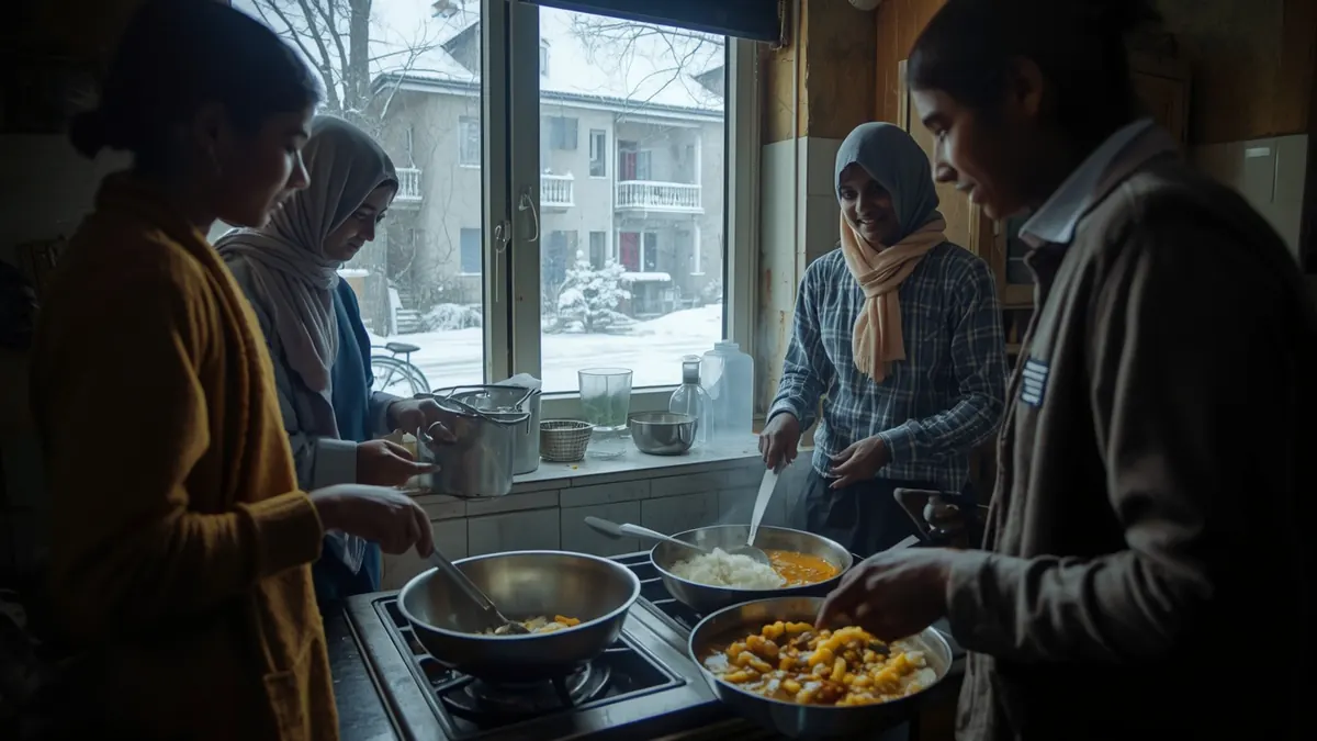 Indian students cooking rice and curry together in a hostel kitchen with snow outside