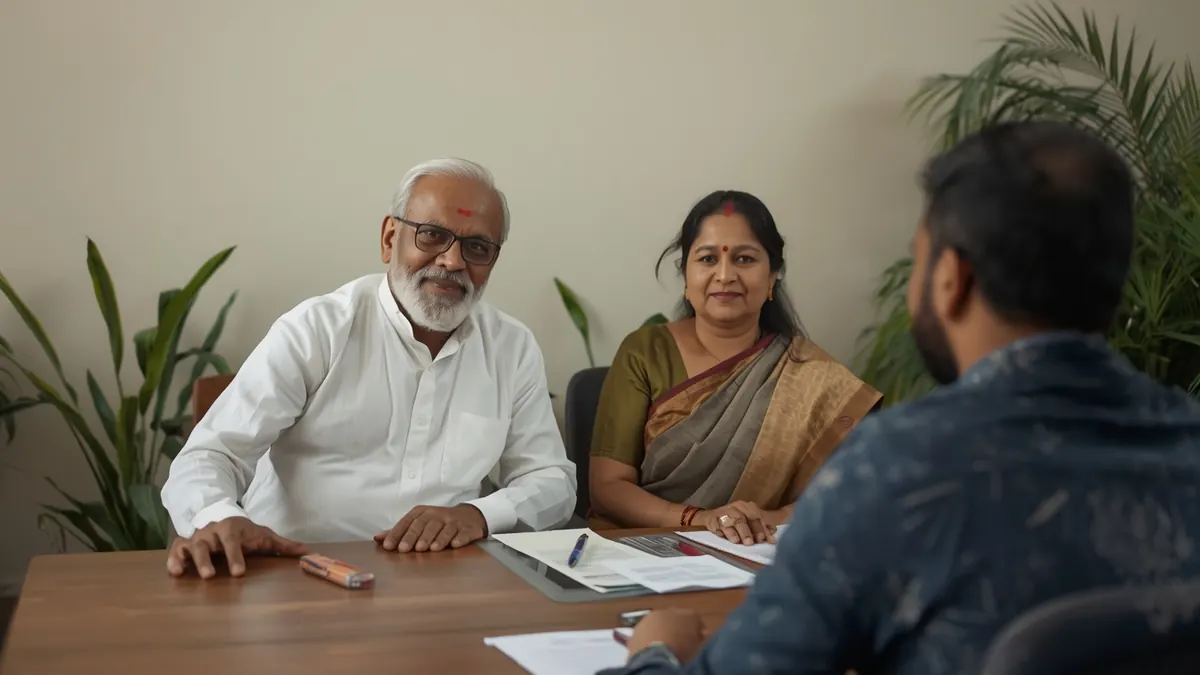 Kerala parents discussing loan documents with a bank officer