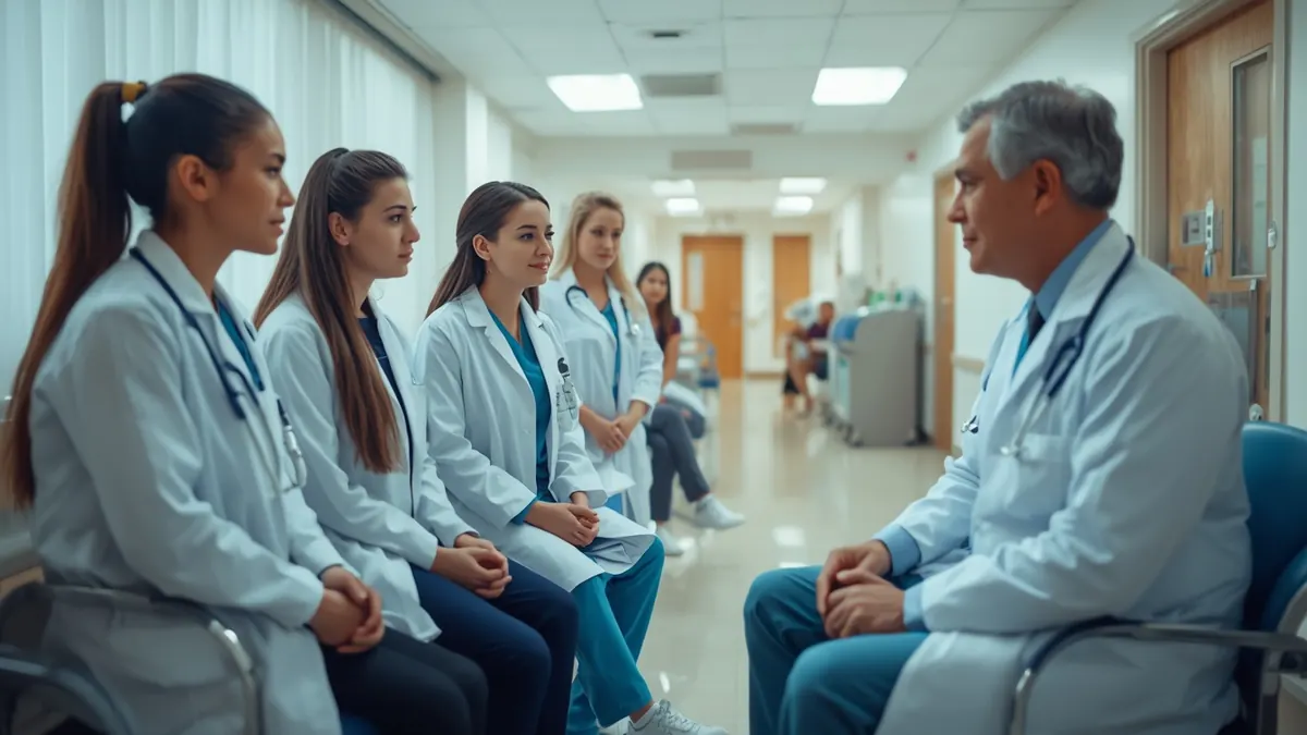 Medical students in white coats listening to a senior doctor in a hospital ward