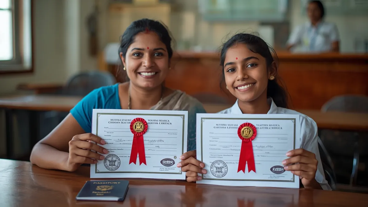 Kerala mother and daughter holding attested school certificates at a government office desk