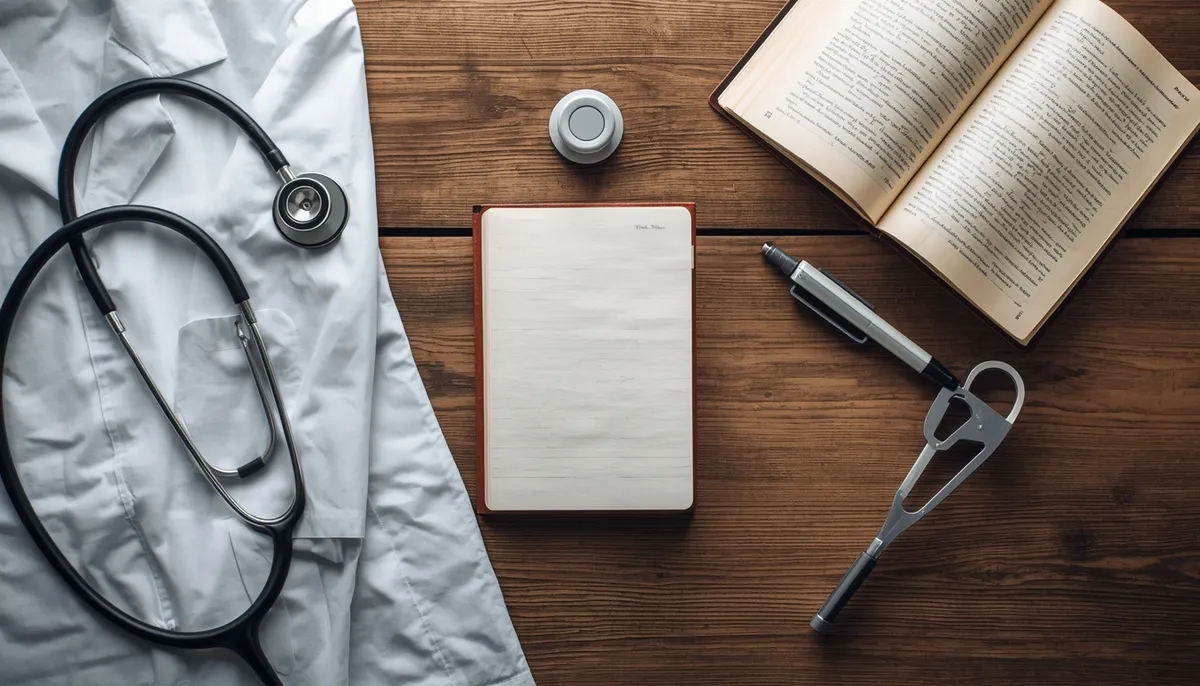 Stethoscope, white coat, open textbook and notebook on a wooden desk