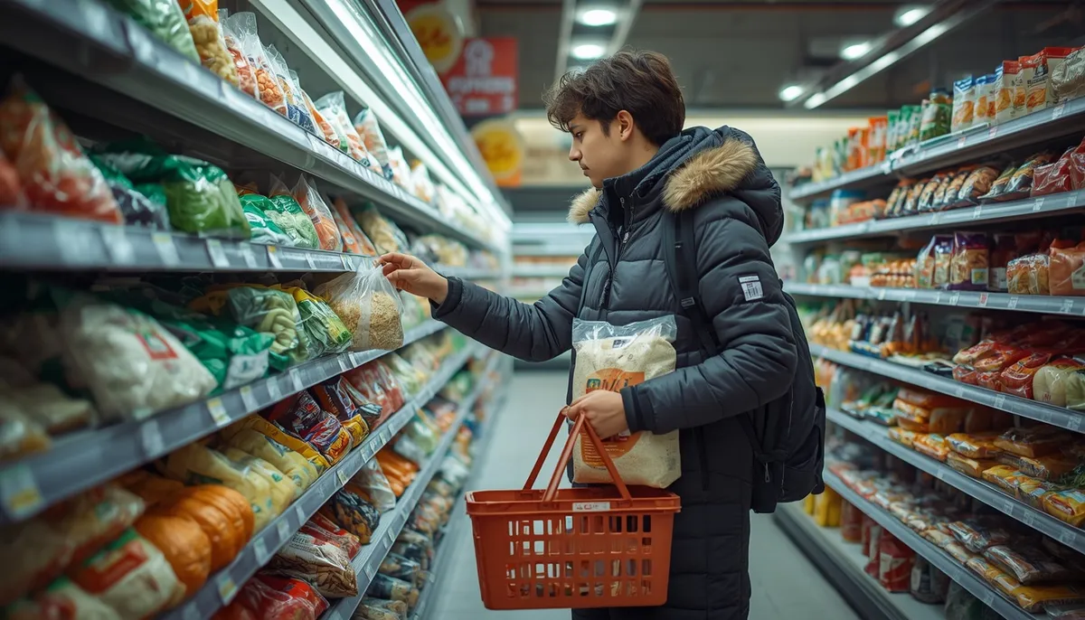 Indian student in a winter coat choosing groceries in a Russian supermarket