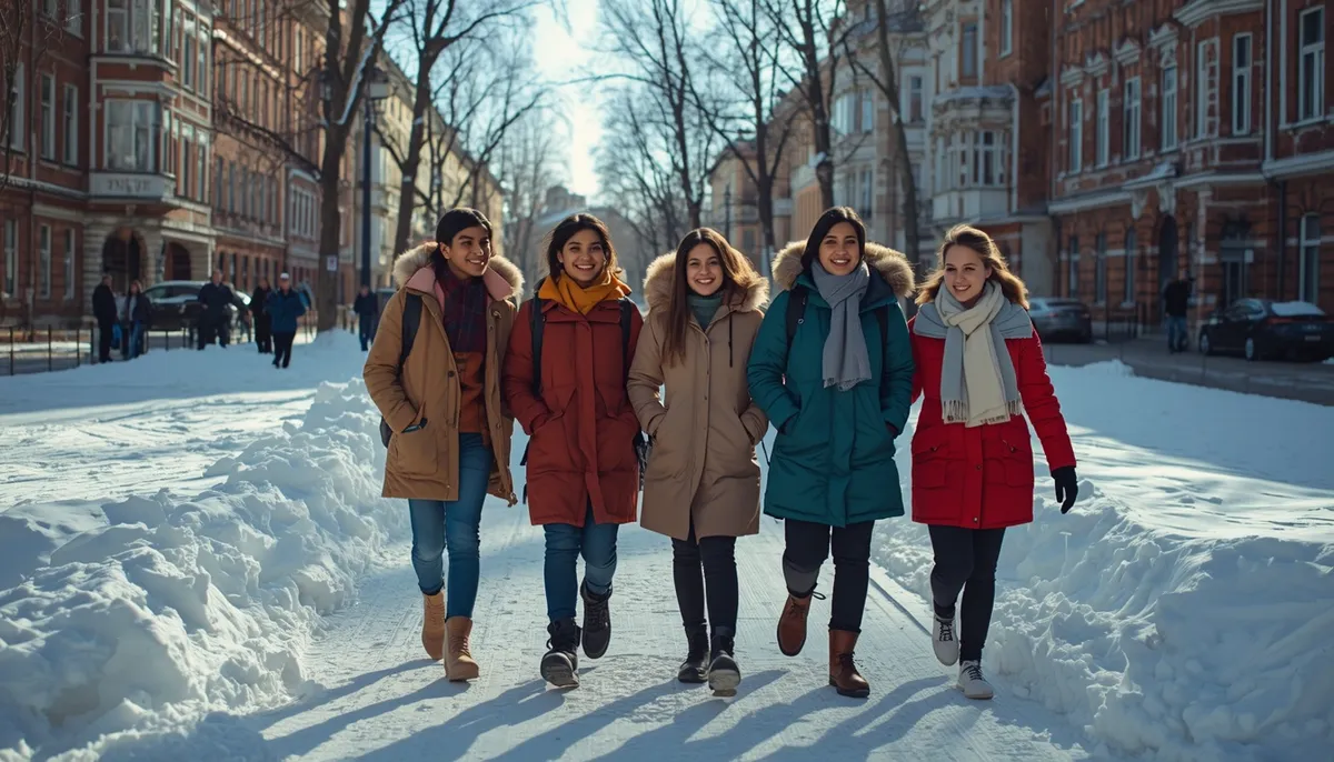 Group of Indian students in winter jackets walking on a snowy street in a Russian city