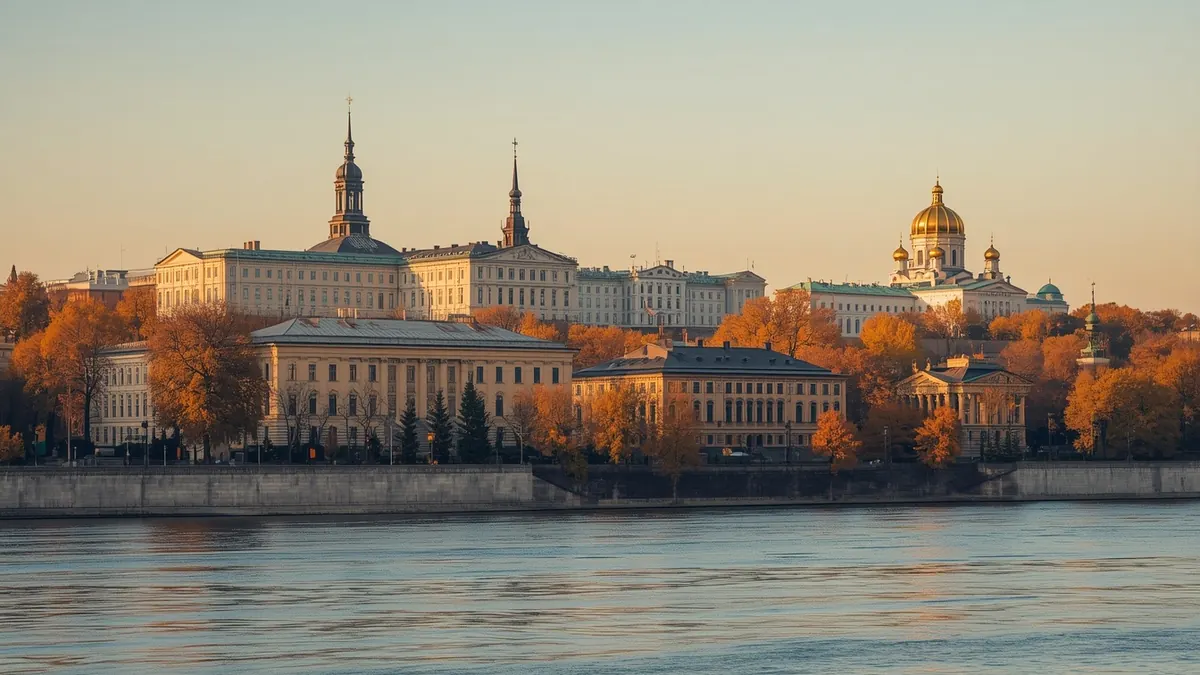 Historic university buildings on a river embankment in a Russian city in autumn
