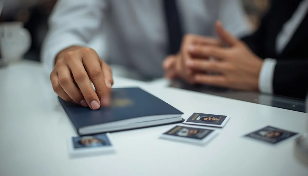 Student placing a passport and passport photos on a visa centre counter