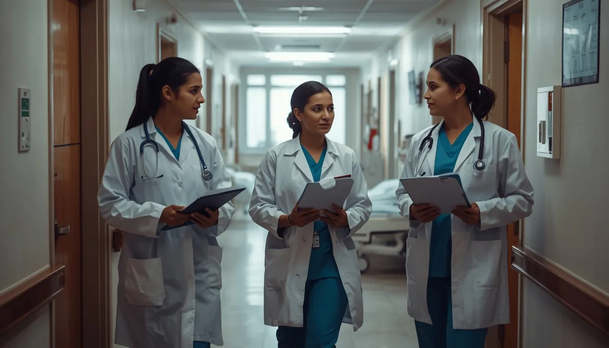 Indian intern doctors in white coats on a ward round in a hospital corridor