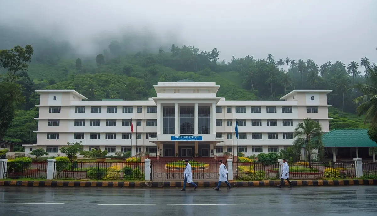 പച്ചപ്പുള്ള മഞ്ഞുമൂടിയ കുന്നിൻചരിവിൽ പനകൾക്കിടയിലെ വെളുത്ത മെഡിക്കൽ കോളേജ് കെട്ടിടം; റോഡിലൂടെ വെള്ളക്കോട്ടിട്ട മൂന്ന് വിദ്യാർത്ഥികൾ നടക്കുന്നു