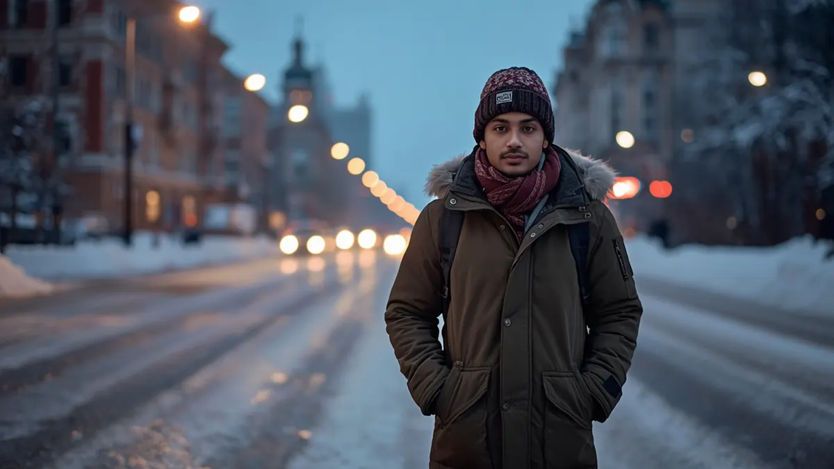 Indian student in a winter parka on a snowy street in a Russian city at dusk